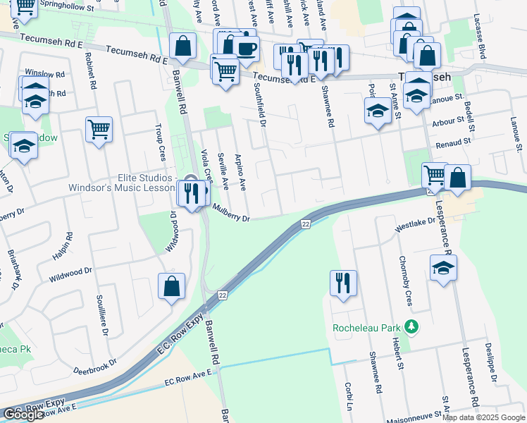 map of restaurants, bars, coffee shops, grocery stores, and more near 1492 Border Crescent in Windsor