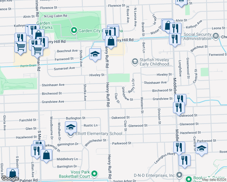 map of restaurants, bars, coffee shops, grocery stores, and more near 30245 Grandview Street in Inkster
