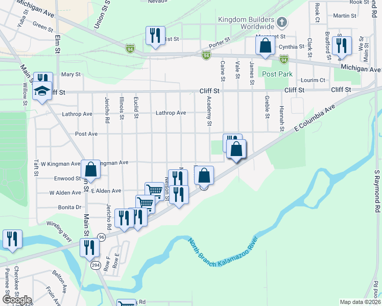map of restaurants, bars, coffee shops, grocery stores, and more near 110 Inn Road in Battle Creek