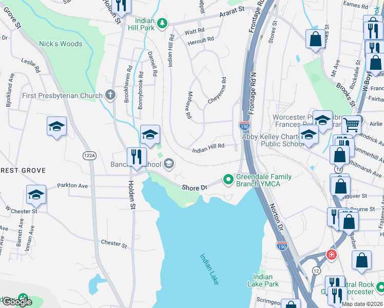 map of restaurants, bars, coffee shops, grocery stores, and more near 44 Indian Hill Road in Worcester