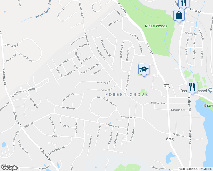 map of restaurants, bars, coffee shops, grocery stores, and more near 5 Laurelwood Drive in Worcester