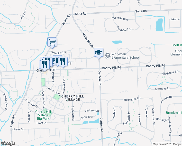 map of restaurants, bars, coffee shops, grocery stores, and more near 49519 Cherry Hill Road in Canton