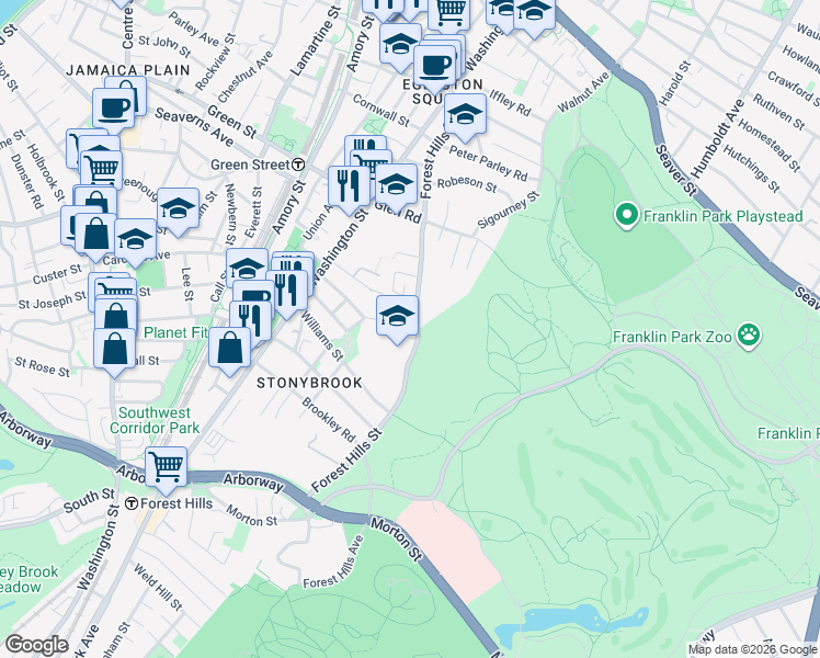 map of restaurants, bars, coffee shops, grocery stores, and more near 199 Forest Hills Street in Boston