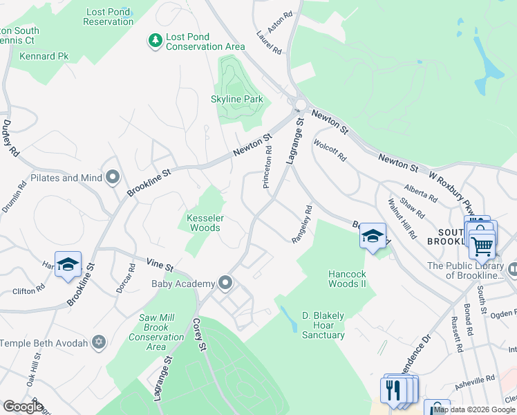 map of restaurants, bars, coffee shops, grocery stores, and more near 145 Lagrange Street in Brookline