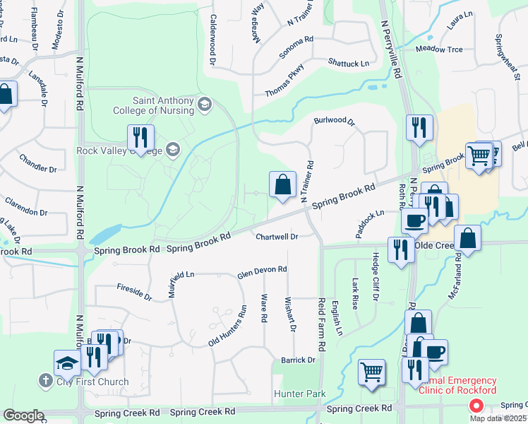 map of restaurants, bars, coffee shops, grocery stores, and more near 6532 Spring Brook Road in Rockford