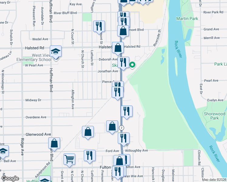 map of restaurants, bars, coffee shops, grocery stores, and more near in Rockford