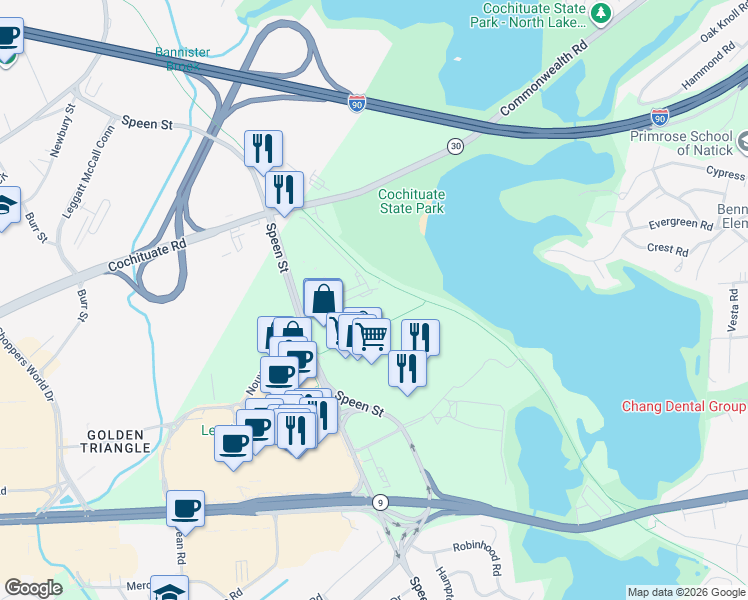 map of restaurants, bars, coffee shops, grocery stores, and more near 3 Chrysler Road in Natick