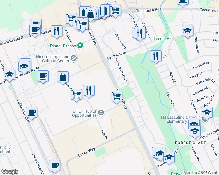 map of restaurants, bars, coffee shops, grocery stores, and more near 2825 Lauzon Parkway in Windsor