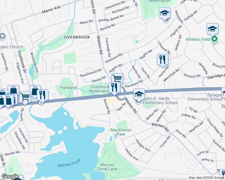 map of restaurants, bars, coffee shops, grocery stores, and more near 871R Worcester Street in Wellesley