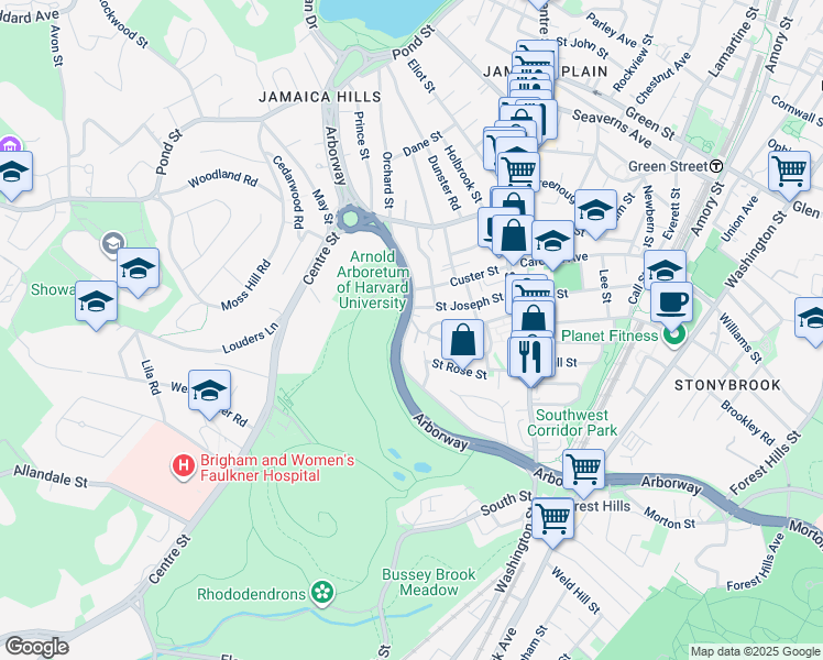 map of restaurants, bars, coffee shops, grocery stores, and more near 236 Arborway in Boston