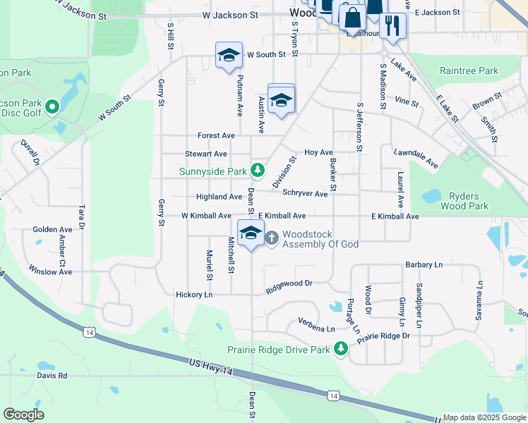 map of restaurants, bars, coffee shops, grocery stores, and more near 107 East Kimball Avenue in Woodstock
