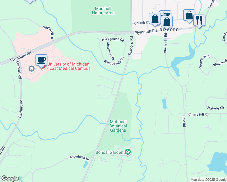 map of restaurants, bars, coffee shops, grocery stores, and more near 2414 Parkside Drive in Ann Arbor
