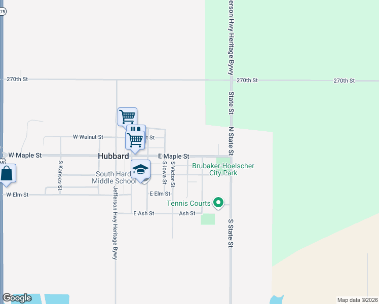 map of restaurants, bars, coffee shops, grocery stores, and more near 601 East Maple Street in Hubbard