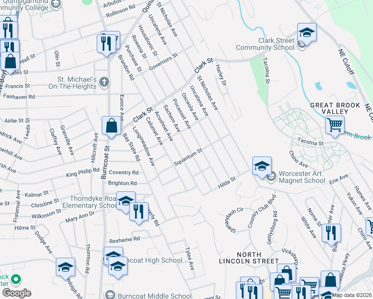 map of restaurants, bars, coffee shops, grocery stores, and more near 94 Sachem Avenue in Worcester