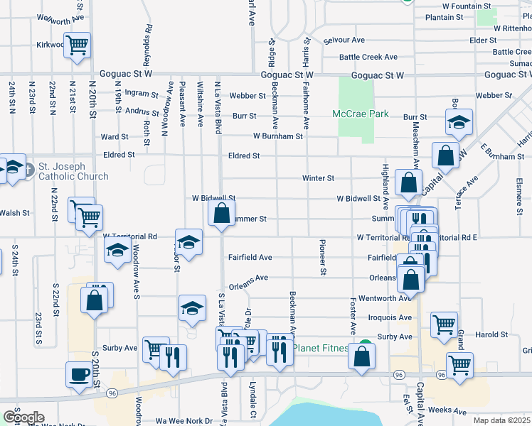 map of restaurants, bars, coffee shops, grocery stores, and more near 200 Summer Street in Battle Creek