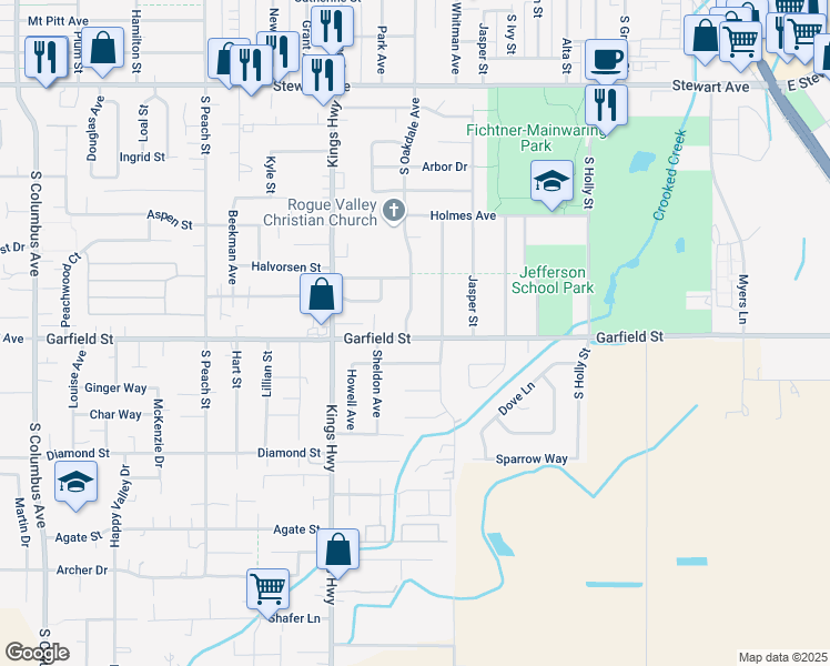 map of restaurants, bars, coffee shops, grocery stores, and more near 560 Garfield Street in Medford