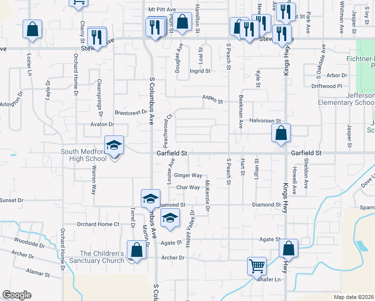 map of restaurants, bars, coffee shops, grocery stores, and more near 1120 Garfield Street in Medford