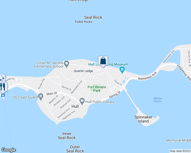 map of restaurants, bars, coffee shops, grocery stores, and more near 1164 Nantasket Avenue in Hull