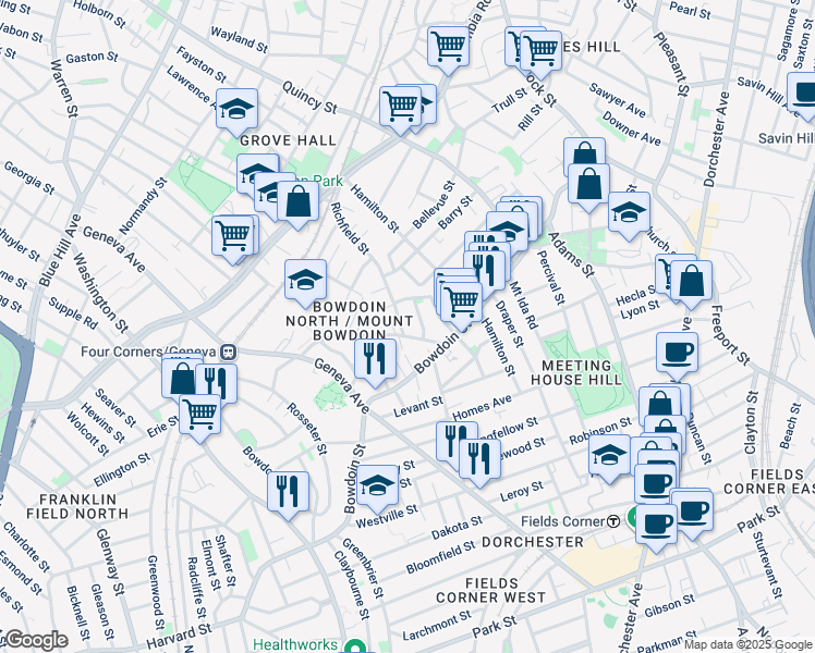 map of restaurants, bars, coffee shops, grocery stores, and more near 66 Richfield Street in Boston