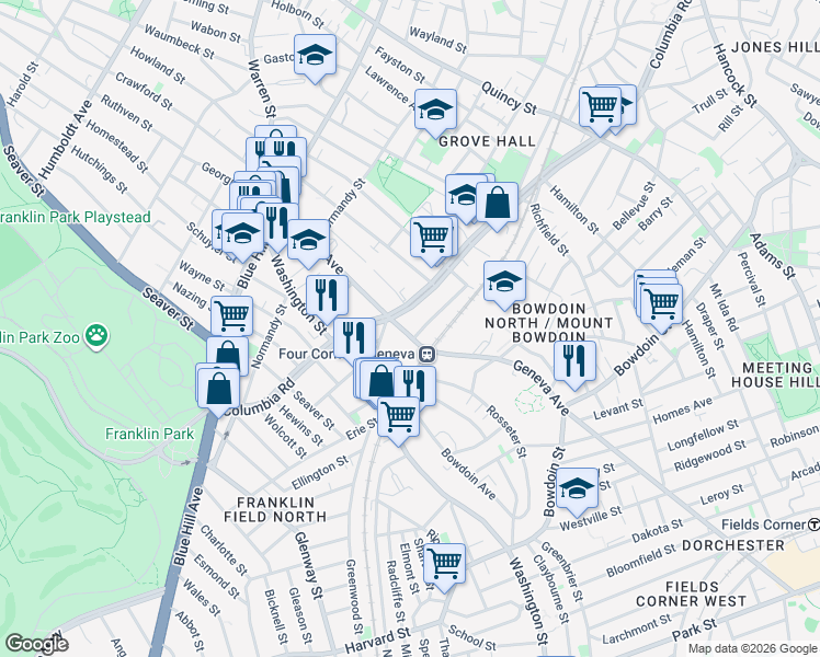 map of restaurants, bars, coffee shops, grocery stores, and more near 169 Columbia Road in Boston