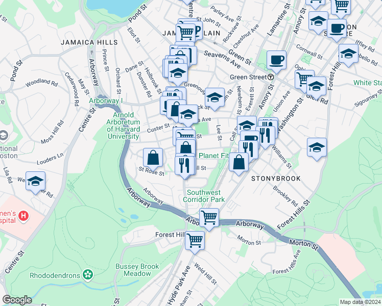 map of restaurants, bars, coffee shops, grocery stores, and more near 47 McBride Street in Boston
