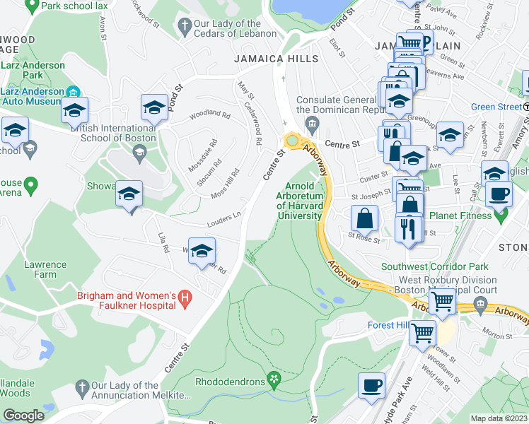 map of restaurants, bars, coffee shops, grocery stores, and more near 1010 Centre Street in Boston