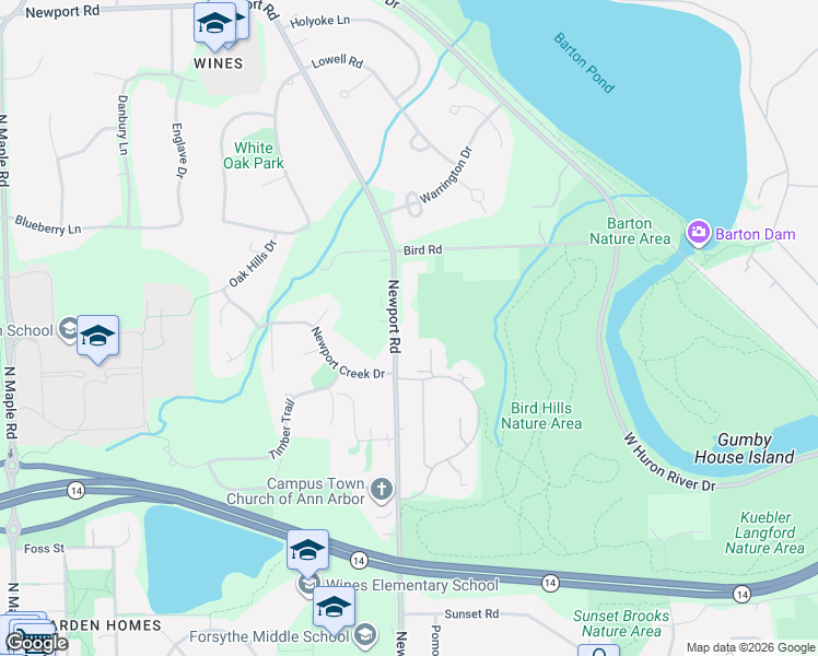 map of restaurants, bars, coffee shops, grocery stores, and more near 2318 Newport Road in Ann Arbor