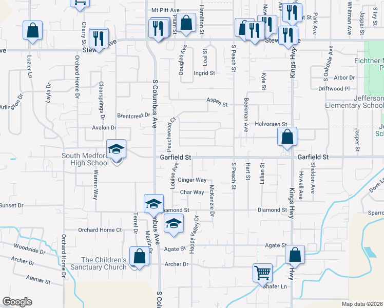 map of restaurants, bars, coffee shops, grocery stores, and more near 1120 Garfield Street in Medford