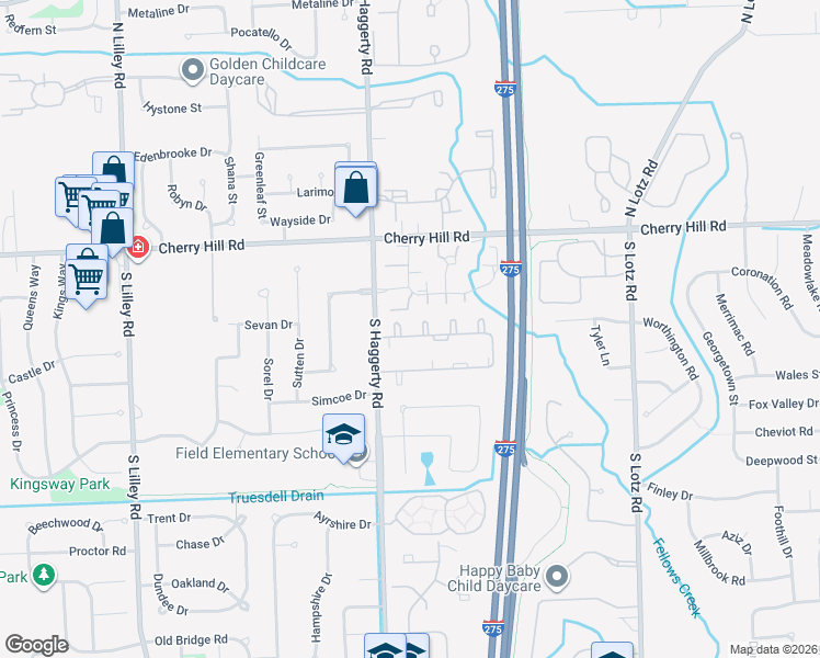 map of restaurants, bars, coffee shops, grocery stores, and more near 41324 Northwind Drive in Canton