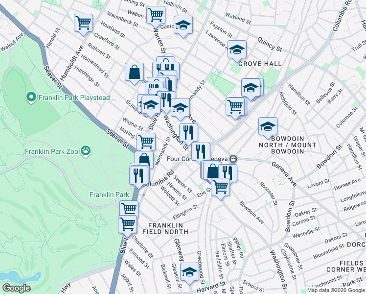 map of restaurants, bars, coffee shops, grocery stores, and more near 95b Washington Street in Boston