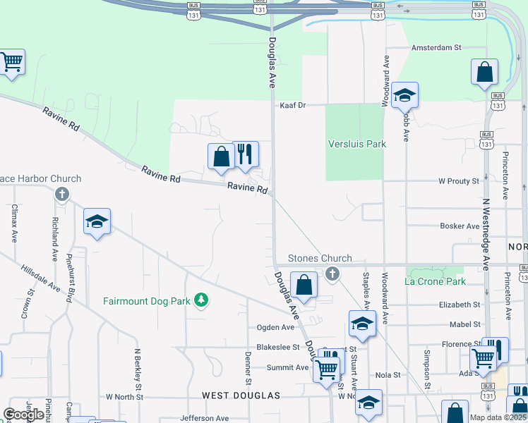 map of restaurants, bars, coffee shops, grocery stores, and more near 1437 Douglas Avenue in Kalamazoo