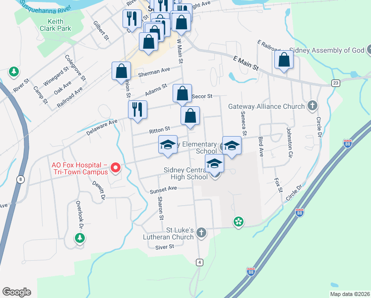 map of restaurants, bars, coffee shops, grocery stores, and more near 78 West Main Street in Sidney