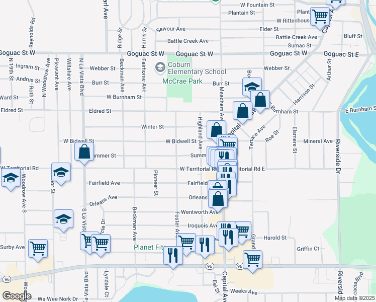 map of restaurants, bars, coffee shops, grocery stores, and more near 77 West Bidwell Street in Battle Creek