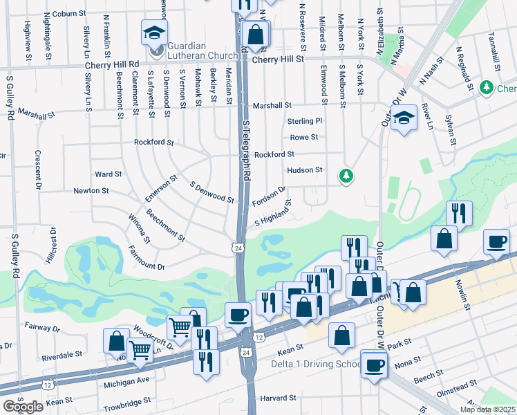 map of restaurants, bars, coffee shops, grocery stores, and more near 23933 Fordson Drive in Dearborn