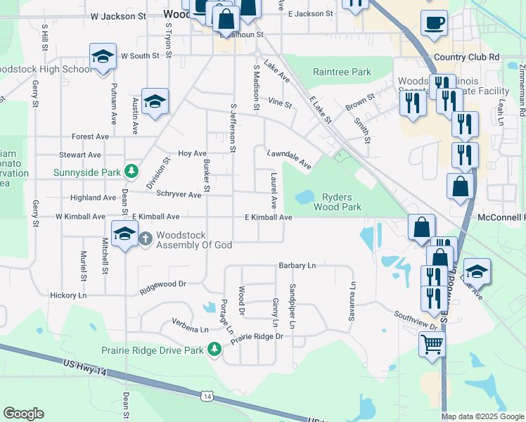map of restaurants, bars, coffee shops, grocery stores, and more near 509 East Kimball Avenue in Woodstock