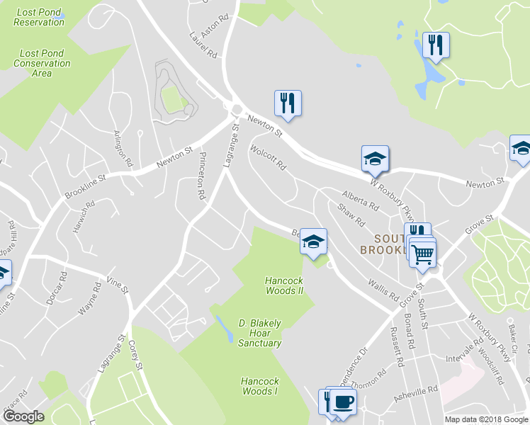 map of restaurants, bars, coffee shops, grocery stores, and more near 86 Beverly Road in Brookline