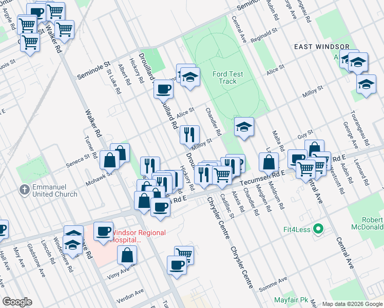 map of restaurants, bars, coffee shops, grocery stores, and more near 1808 Drouillard Road in Windsor