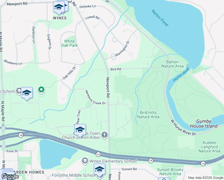 map of restaurants, bars, coffee shops, grocery stores, and more near 2318 Newport Rd in Ann Arbor