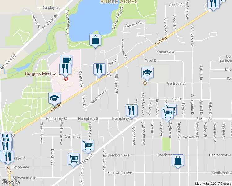 map of restaurants, bars, coffee shops, grocery stores, and more near 1421 Elkerton Avenue in Kalamazoo