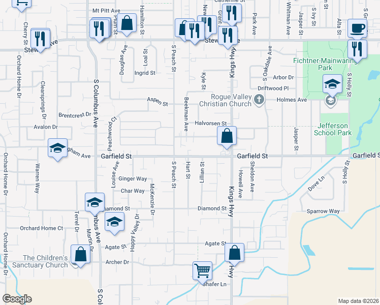 map of restaurants, bars, coffee shops, grocery stores, and more near 830 Garfield Street in Medford