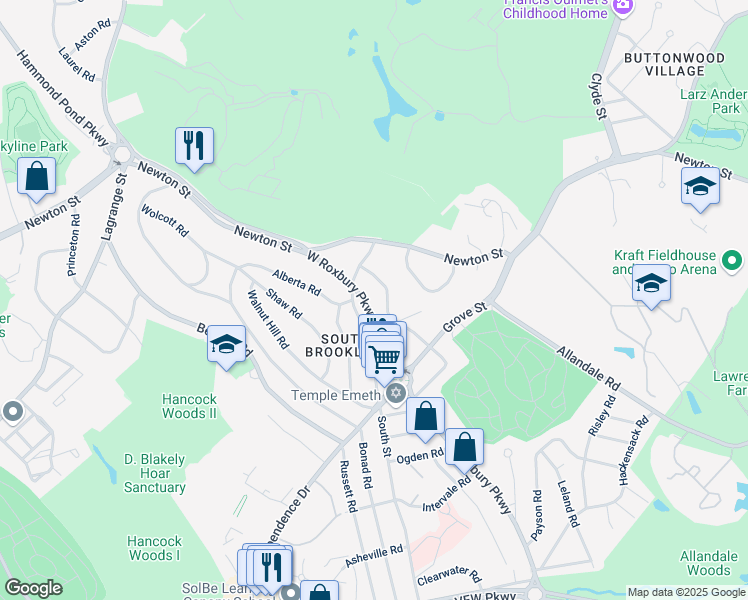 map of restaurants, bars, coffee shops, grocery stores, and more near 1075 West Roxbury Parkway in Brookline