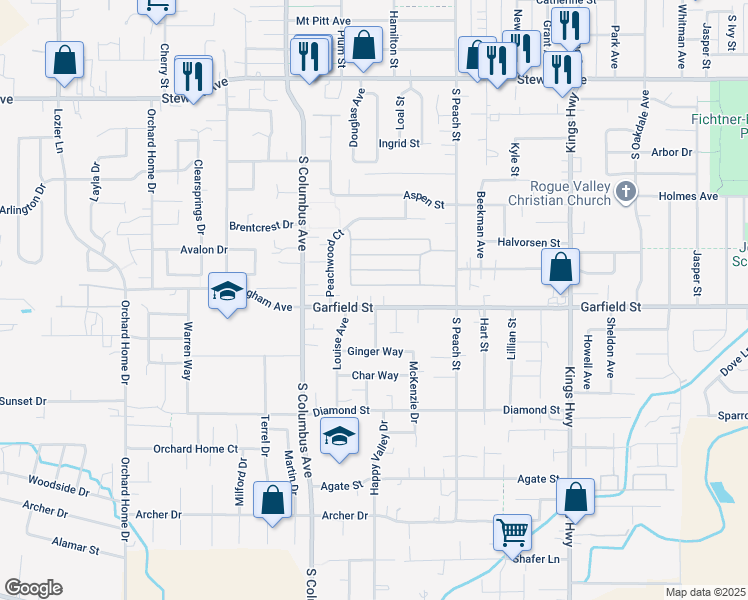 map of restaurants, bars, coffee shops, grocery stores, and more near 1120 Garfield Street in Medford