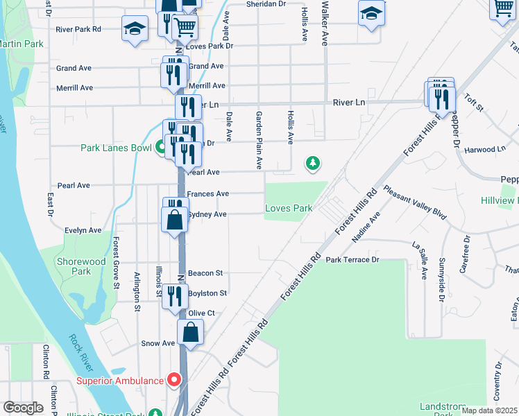 map of restaurants, bars, coffee shops, grocery stores, and more near 650 Sydney Avenue in Loves Park