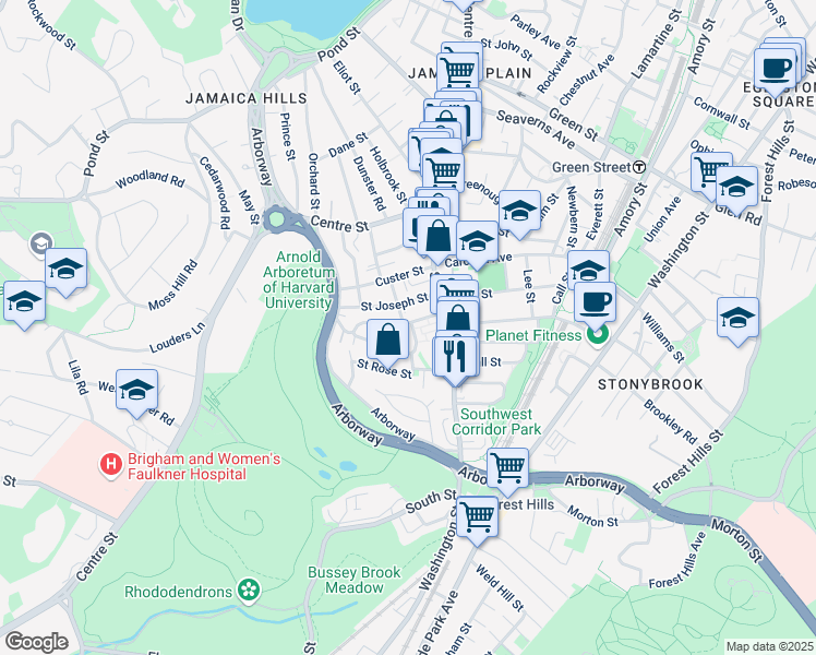 map of restaurants, bars, coffee shops, grocery stores, and more near 104 Jamaica Street in Boston