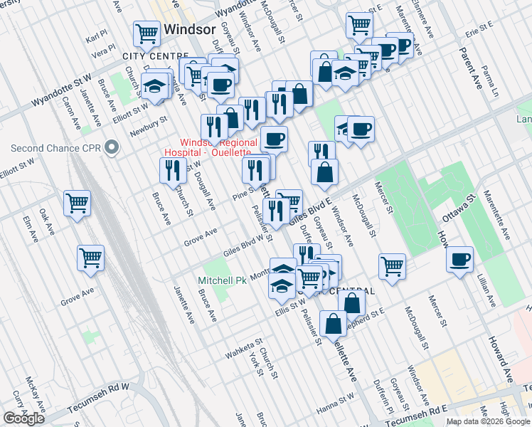 map of restaurants, bars, coffee shops, grocery stores, and more near in Windsor