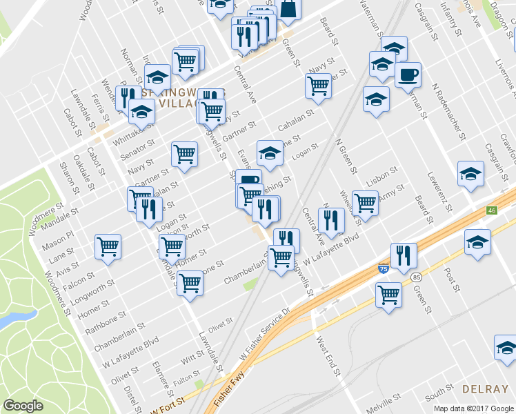 map of restaurants, bars, coffee shops, grocery stores, and more near 1446 Springwells Street in Detroit