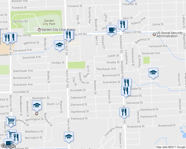 map of restaurants, bars, coffee shops, grocery stores, and more near 650 Western Street in Inkster