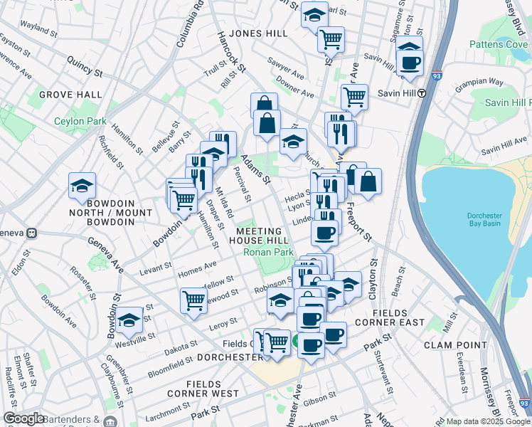 map of restaurants, bars, coffee shops, grocery stores, and more near 20 Juliette Street in Boston