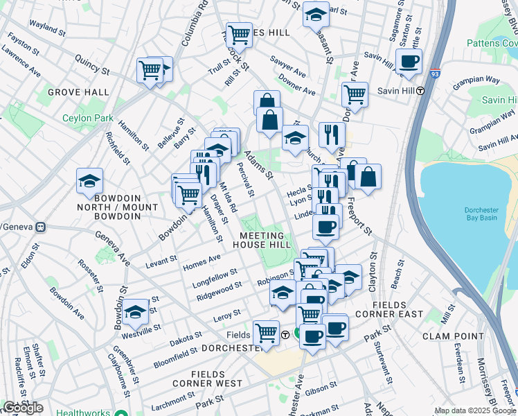 map of restaurants, bars, coffee shops, grocery stores, and more near 38 Fox Street in Boston