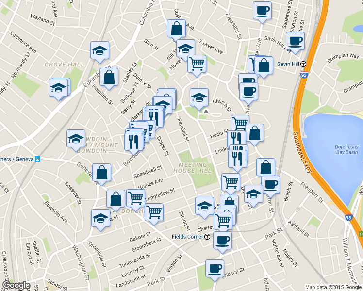 map of restaurants, bars, coffee shops, grocery stores, and more near 38 Fox Street in Boston